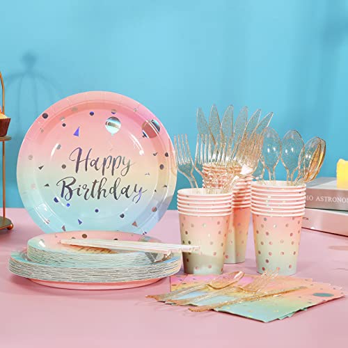 200Pcs Pastel Party Decorations Birthday Party Paper Plates And Napkins Party Supplies, Disposable Paper Plates Set-Pastel Paper Plates Napkins Cups Forks Knives Spoons For Birthday Baby Shower Party #TOP5
