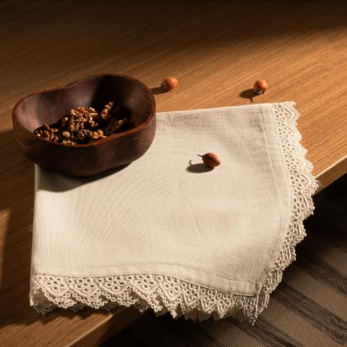 Image of FINGERCRAFT Table Cloth Napkins, Set of 6, 20x20 Inch Cotton Linen Napkins with Ivory Trim Lace Edge, Reusable Washable Dinner Napkins for Wedding, Festive Dining, Farmhouse Parties & Home Decor