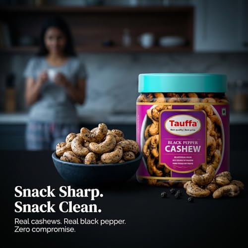 Image of Tauffa Black Pepper Cashews 250g | Roasted Whole Kaju with Kali Mirch | Crunchy Jumbo Kaaju Nuts | No Added Oil | Healthy Snack