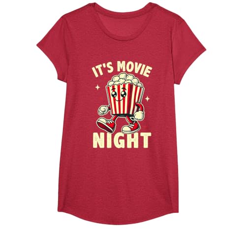 It's Movie Night Retro Family Movie Night T-Shirt, Girls, Red Heather, X-Small