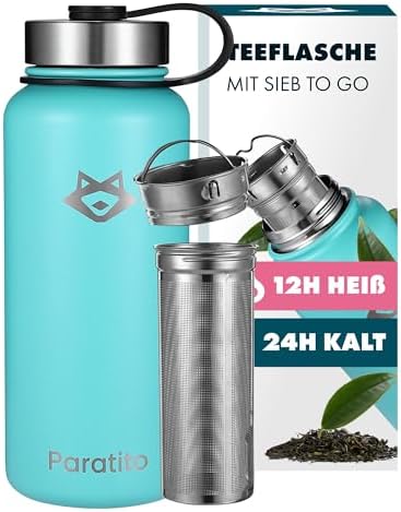 (-25%) PARATITO® Teeflasche mit Sieb 1L, auslaufsicher bei Kohlensäure, spülmaschinenfest - Edelstahl Thermoskanne mit Teesieb to Go für Tee, Kaffee, Büro, Wandern, Yoga, Camping (Teesieb Bundle Blau)