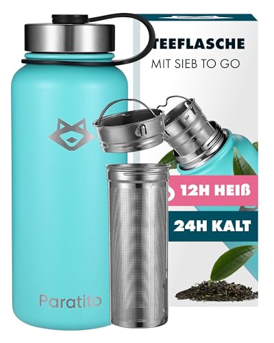PARATITO® Teeflasche mit Sieb 1L, auslaufsicher bei Kohlensäure, spülmaschinenfest - Edelstahl Thermoskanne mit Teesieb to Go für Tee… – Ansicht 1