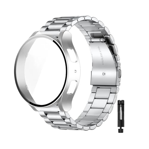[PLYYQZM] �X�e�����X�X�`�[���̎��v�X�g���b�v+PC�P�[�X�B�ɍ��� Sam su ng Galaxy Watch 7 FE 6 5 4 44mm/40mm�����ی�P�[�X�����o���h�ɓK�p(B-Silvery,For Galaxy 6 44mm)