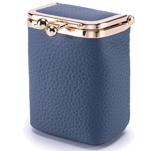 Image of Axcvveiyi Genuine Leather Lipstick Case with Mirror, Travel Mini Durable Soft Cosmetic Bag for Women,Retro Kiss Lock Toiletry Bag Suitable Daily Touch-up, Blue