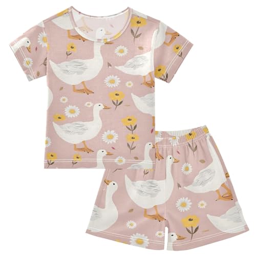ALAZA Cute Goose with Flower Floral Pajamas Short Sleeve 2 Piece Sleepwear Top and Bottom Pajama Set Unisex