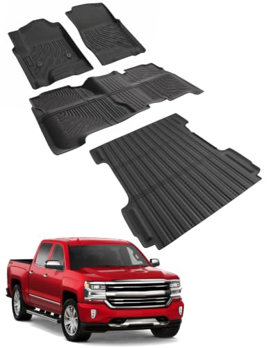 Image of Truck Floor Mat Bed Mat for Silverado Sierra 1500 2014-2018 Crew Cab 5.8 FT | TPE All Weather Easy-install Odorless Waterproof No Trim Non-slip Easy-clean Heavy Duty Durable Spray-in Liner Compatible