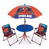 Set Giardino Bambini Spiderman Marvel con 2 Sedie Tavolino e Ombrellone Tavolo Mare Pieghevole Supereroe Sedie 35x38x52 cm Portata 30 kg Età 3+