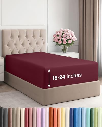 Image of Deep Twin XL Fitted Sheet - College Dorm Room Essentials - Burgundy | Easily Fits 18 inch to 24 inch Mattress, Wrinkle Resistant, Soft, Breathable & Comfy, Extra Deep Pockets Fitted Sheet