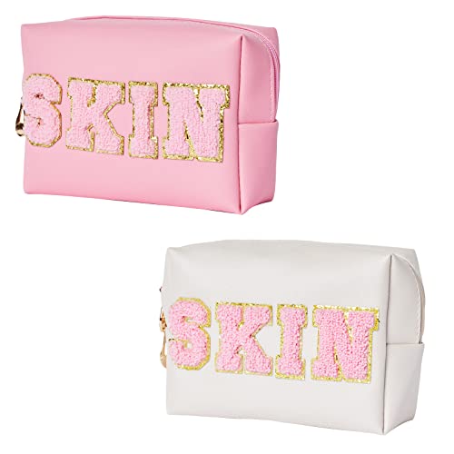 Burskit Preppy Patch Skin & Skin Portable Makeup Bag Bulk Pu Leather Cosmetic Bag Waterproof Travel Organizer Zipper Pouch Storage Purse For Women Girls Gift (Pink & Shell Gold) #TOP11