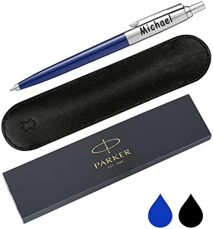Personalised Engraved Parker Jotter Ballpoint Pen with Genuine Leather Pouch in 15 Colours - Choice of Blue or Black Ink, Parker Ballpoint Pen Gift, Personalised Parker Pen Jotter, Gifts For Teachers
