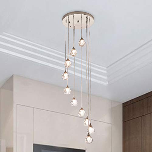 Maxax 10 Lights Crystal Ceiling Chandeliers, Flush Mount Modern Raindrop Large Pendant Light, 67” Villa Ball Spiral Suspension Ceiling Lamps, For Staircase, Foyer, Hallway, Entryway, Nickel #TOP4