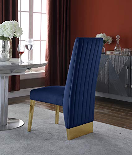 Image of Meridian Furniture 755Navy-C Porsha Collection Modern | Contemporary Dining Chair with Luxurious Navy Velvet, Rich Gold Metal Legs, Channel Tufted Back, 19.5 inch W x 27 inch D x 42 inch H, Navy, Set of 2