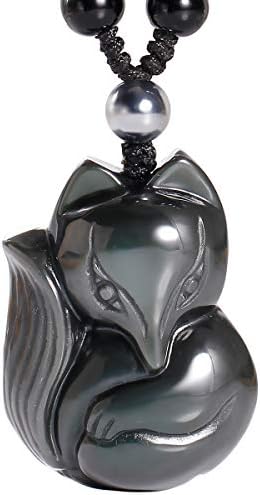 Jewboo Black Obsidian Lucky Fox Necklace Natural Stone Healing Crystal Pendant Protection Amulet Gemstons Pendant Jewelery
