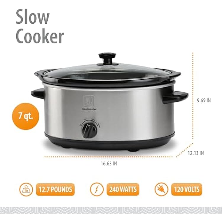 Toastmaster Slow Cooker by Select Brands - Stainless Steel - Cooks Stews, Chilis, Pot Roasts & More - Slow Cooker for Kitchen Appliances - 7 Quart