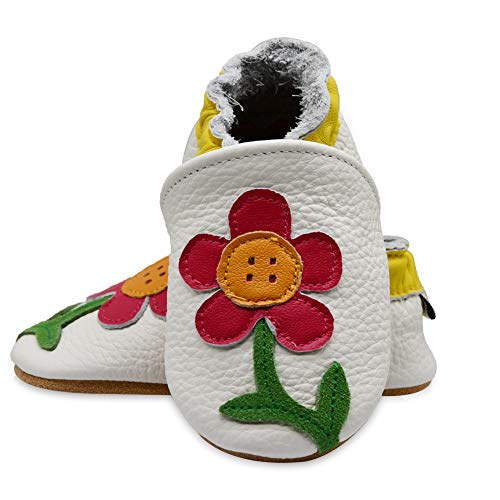 iEvolve Toddler Moccasins - Soft Sole Baby Walking Shoes - White Flower, 12-18 Months