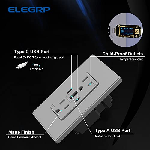 Image of ELEGRP USB Outlets, 30W 6.0 Amp USB C Outlets Receptacles, 3-Port USB Wall Outlet, 15 Amp Tamper-Resistant Outlet with 2 USB C Ports, UL Listed, Screwless Wall Plate Included, 2 Pack, Matte Grey