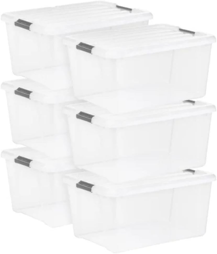 Clear Stackable Storage Bin with Latching Lid 45QT – 42.59L Plastic Storage Containers, Snap Lock Buckles, Semi-Clear Organizer Boxes for Closet, Garage, Basement & Home Organization (6 Pack)