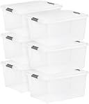 Clear Stackable Storage Bin with Latching Lid 45QT – 42.59L Plastic Storage Containers, Snap Lock Buckles, Semi-Clear Organizer Boxes for Closet, Garage, Basement & Home Organization (6 Pack)