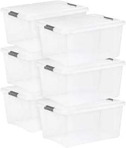 Clear Stackable Storage Bin with Latching Lid 45QT – 42.59L Plastic Storage Containers, Snap Lock Buckles, Semi-Clear Organizer Boxes for Closet, Garage, Basement & Home Organization (6 Pack)