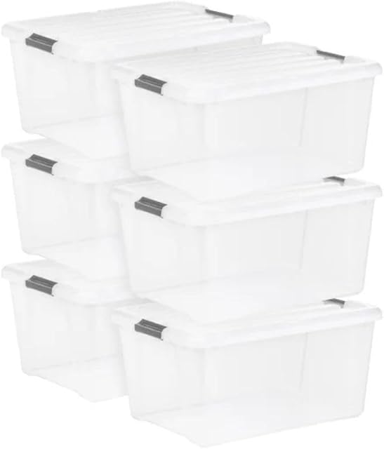 Clear Stackable Storage Bin with Latching Lid 45QT – 42.59L Plastic Storage Containers, Snap Lock Buckles, Semi-Clear Organizer Boxes for Closet, Garage, Basement & Home Organization (6 Pack)