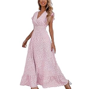 BSLVWG Damen Maxi Kleid Rüschen Blütenblatt Kurzarm V-Ausschnitt Floral Flowy Sommer Strand Urlaub Sundress Casual Langes Kleid (DE/NL/SE/PL, Alphanumerisch, M, Regular, Regular, Rosa)