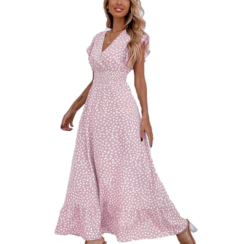 BSLVWG Womens Maxi Dress Ruffle Petal Short Sleeve V Neck Floral Flowy Summer Beach Holiday Sundress Casual Elastic High Waist Long Dress (UK, Alpha, XL, Regular, Regular, Pink)