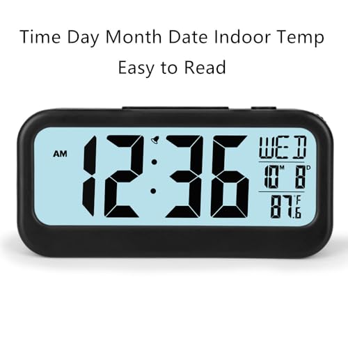 Image of FAMICOZY Digital Alarm Clock with Calendar Indoor Temperature,Adjustable Snooze,Crescendo Alarm,Manual DST,Light on Demand,No Ticking for Bedside Travel,Black