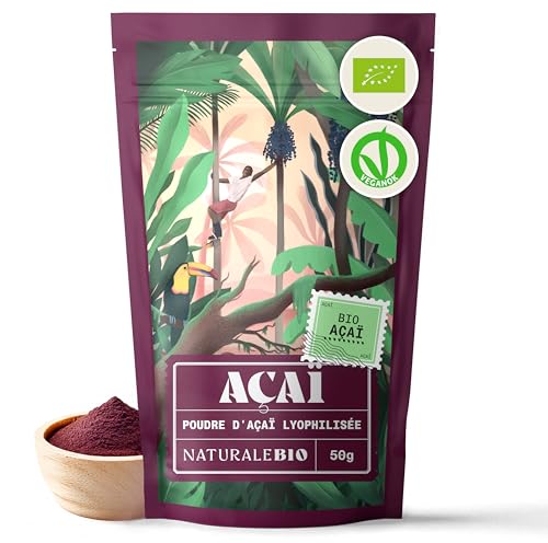 NaturaleBio Poudre de Baies d’Acai Bio - Freeze-Dried - 50g. Pure Organic Acai Berry Powder. Produit au Brésil, Lyophilisé, Cru, extrait de la pulpe de baie d'Açai.
