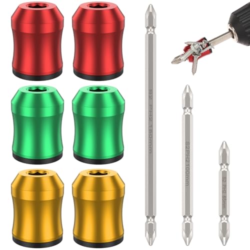 6pcs Strong Magnetic Screw Rings, Upgrade 3 in 1 Screwdriver Head Magnetic Ring with 1/4 Inch Screw Bit and 6 magnetic bit holders, Non-Slip Design for Woodworking Hex Screwdriver Power Drill Bit