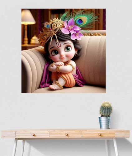 Image of Akki Wold Mukut,Feather,Flower Kanha On Soffa Wall Poster For Living Room, Office, Pooja Room (Size - 41CM X 41CM)
