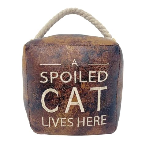 Image of A Spoiled Cat Lives Here Doorstop, 16cm Novelty Slogan Door Stop, Weighted Faux Leather Novelty Door Stopper with Rope Handle - 1.7kg