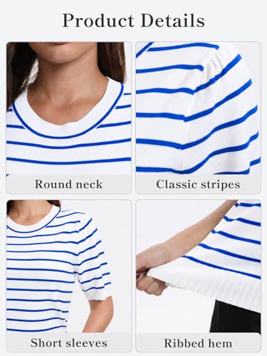 Image of Women Striped Short Sleeve Sweater Crew Neck Knit Top Pullover