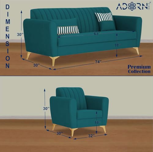 Image of Adorn India Premium Luster 3-1-1 Sofa Set | Velvet Suede Fabric | 3-Year Warranty | Color Ocean Blue with Golden Legs & Striped Pattern Cushion