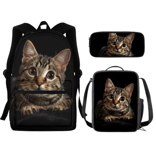 HUGS IDEA Mochila escolar preta de gato fofo para mulheres, meninas, estudantes do ensino médio, bol