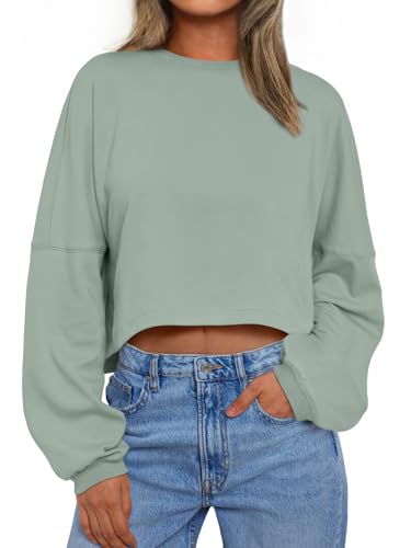 Image of Trendy Queen Womens Cropped Sweatshirts Crewneck Long Sleeve Tops, Lightgreen, XL