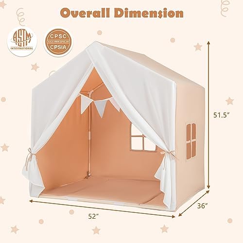 HONEY JOY Kids Play Tent, Toddler Tent Indoor Playhouses with Mat, Windows, Curtain, Solid Wood Frame, 52" x36" x 52", Large Children Princess Castle Play Tent for Boys Girls (Brown) 8 41oA92p4UpL. AC