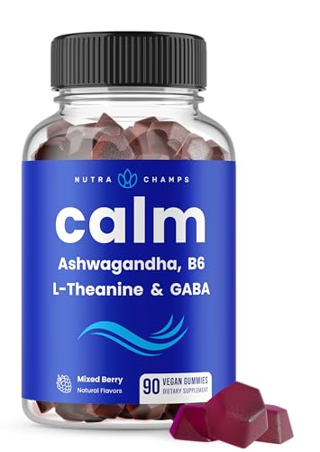 NutraChamps Calm Gummies Stress Gummies Supplement with Ashwagandha L-Theanine GABA Vitamin B6 & Lemon Balm Supports Mood Focus & Stress Relief Natural Berry 90 Gummies