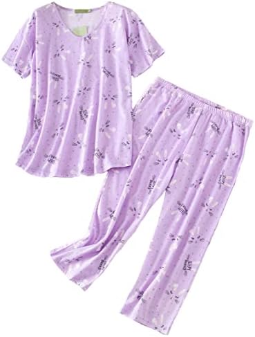 PNAEONG Women Pajama Set Sleepwear Tops with Capri Pants Casual and Fun Prints Pajama Sets SY296-Purple Rabbit-XL