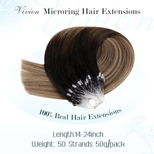 Vivien Micro Ring Extensions Real Human Hair Balayage Black 14Inch Natural Hair Extensions Micro Loop Black Ombre Brown and Ash Blonde Short 50g 50s #1B/4/18 - Image 2