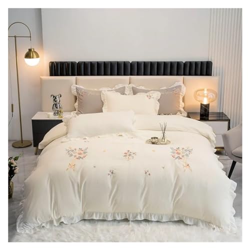 Couette à volants blanc rose chic flowers broidery et sa taie d'oreiller haute qualité