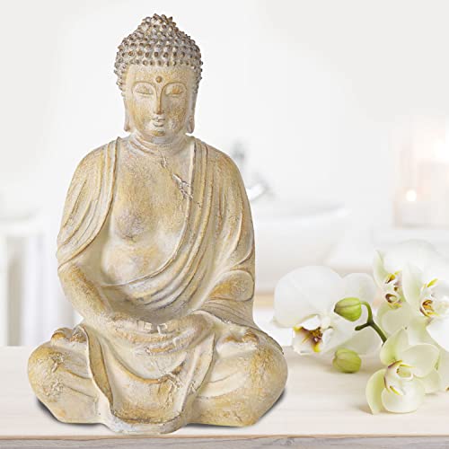 Whw Whole House Worlds Temple Buddha, Soft White, Patina, Faux Terracotta, 15 Inches Tall, Hand Cast Resin, Seated Statue, Vintage Museum Quality Reproduction #TOP6