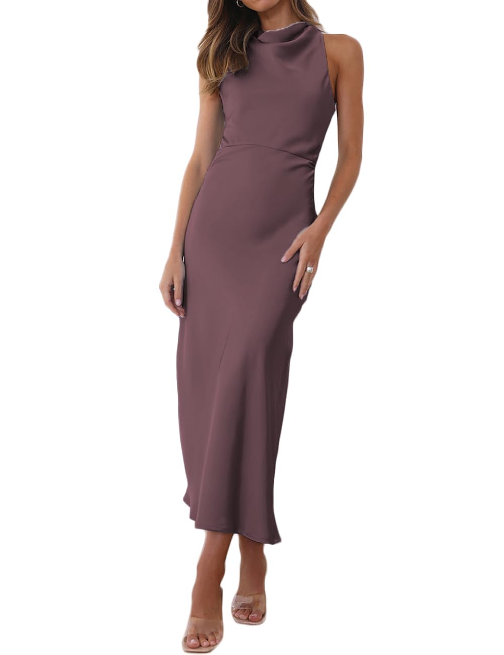 Halfisland Satin High Neck Backless Sleeveless Midi Dresses for Women Elegant Mock Neck High Waist Cross Back Cocktail Dress