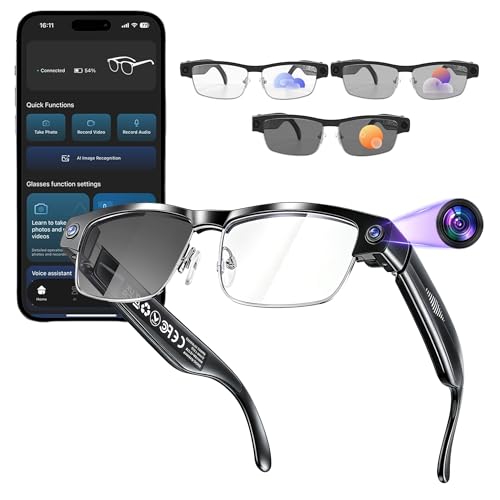 Lunettes AI avec filtre à lumière bleue - Résolution HD 1200p - Bluetooth - Traduction vocale - Avec caméra - Enregistrement vidéo - Lecture de musique AI - Détection intelligente pour le travail et