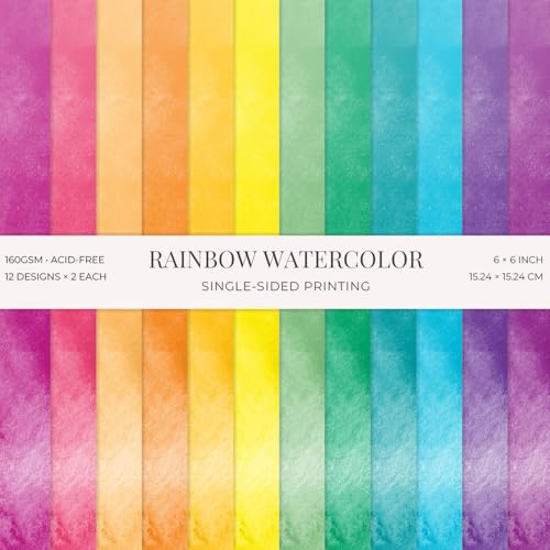 24 Sheets Bright Watercolor Rainbow Colorful Scrapbook Paper Pad - 6x6 inch 160GSM Heavyweight Cardstock, Single-Sided Artistic Designs for Card Making, DIY Crafts, Junk Journaling and Photo Albums