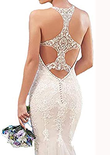 Fenghuavip Elegant Halter Ivory Lace Long Train Bridal Beach Wedding Dress 4 Ivory #TOP2