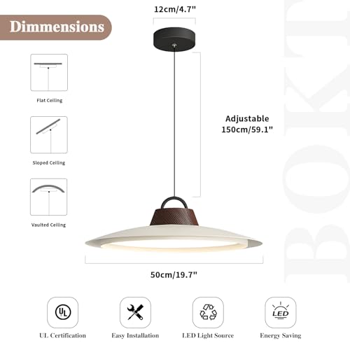 Image of BOKT Large Led Pendant Lights Kitchen Island Unique Adjustable Pendant Lamp Industrial White Light Fixture with Dome Lampshade for Bathroom Bedroom Hallway