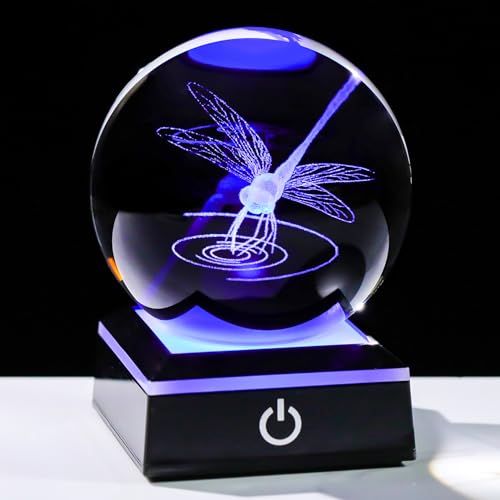Image of Arikyrist 3D Dragonfly Crystal Ball Figurine with LED Base, Dragonfly Gifts for Men Women on Christmas Birthday, Glass Statue Glass Animals Insect Sphere Decorative Ball for Home Decor (80mm)