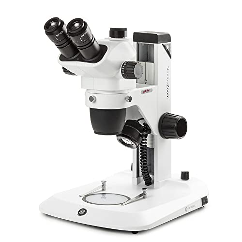 Image of Trinocular Stereo Zoom Microscope NexiusZoom EVO, 0.65x to 5.5X Zoom Objective, Magnification 6.5X to 55x Rack Pinion Stand Incident and Transmitted 3W LED Illuminations, Globe Scientific | Euromex