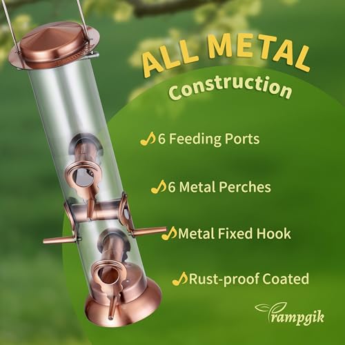 TrampgiK Bird Feeders for Outdoors,13 Inch 6 Ports Squirrel Proof Bird Feefers,Finch Feeder for Outside,Chew-Proof Metal Hanging Bird Feeder,Rust-Proof,Easy to Refill & Clean,Copper,Pack of 1 by TrampgiK - Used condition - Image 6