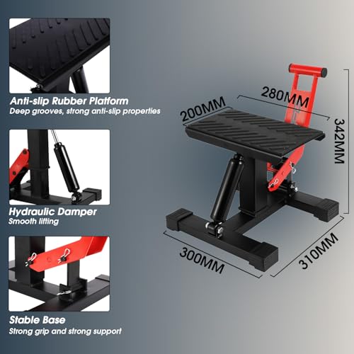JFG RACING Motocross Ständer,Motorrad Lift Jack Hebetisch Höhenverstellbarer Hebeständer Stahl Wide Deck Hydraulischer Motorrad Ständer für Pitbike E-Bike Enduro Supermoto-Rot